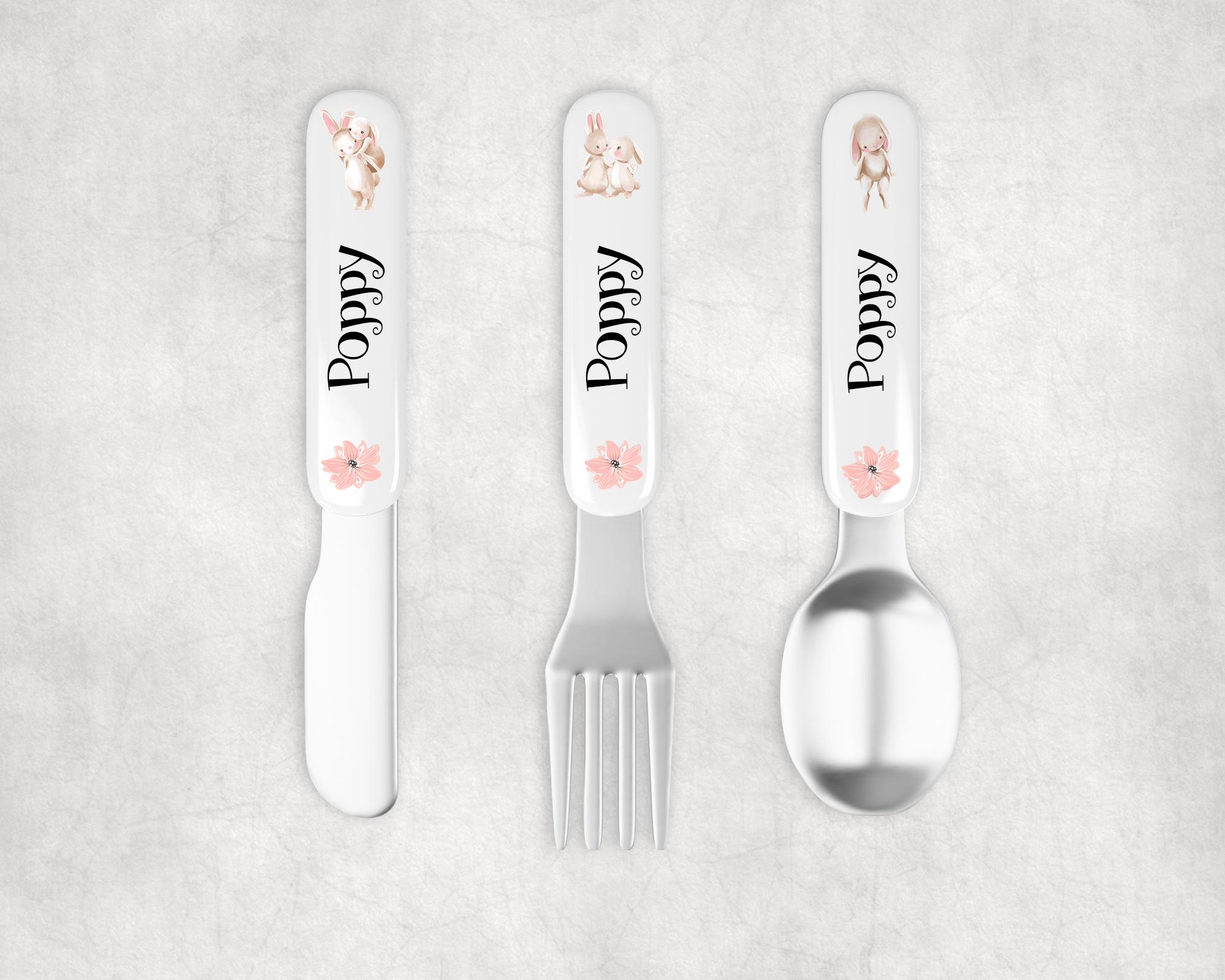 Children's personalised cutlery set with bunnies in love design