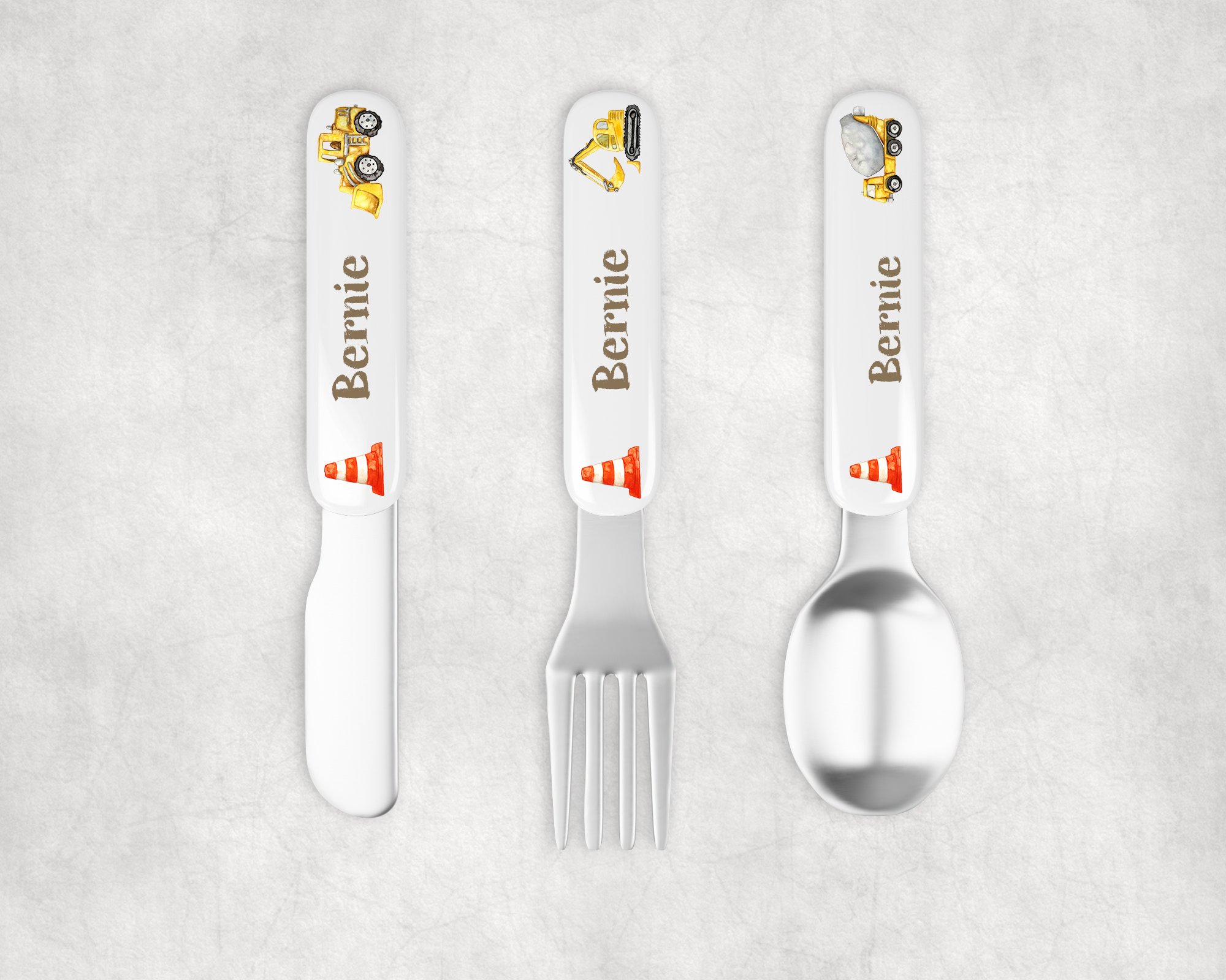 Children's personalised cutlery set in digger design