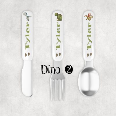 Children's personalised cutlery set great for first birthday dino 2