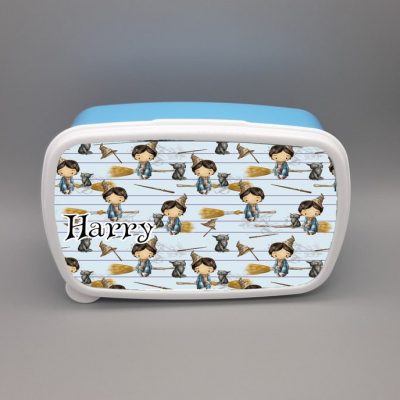 Blue hard lunch tub back to school lunch box for boys fun cute personalised with name and Boy Wizard