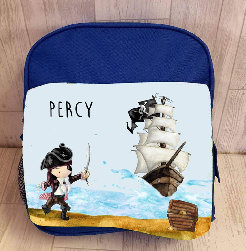 Blue or Pink Printed School Bag for girls boys days out personalized cute design with name and Pirate design