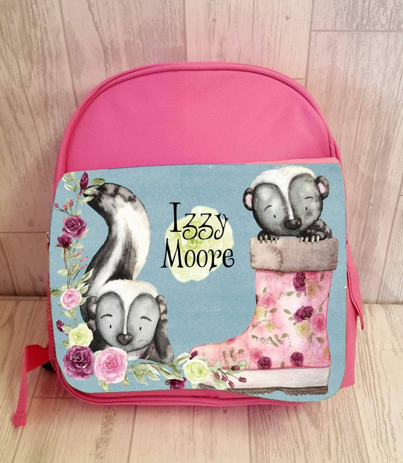 Blue or Pink Printed School Bag for girls boys days out personalized cute design with name and Skunk design
