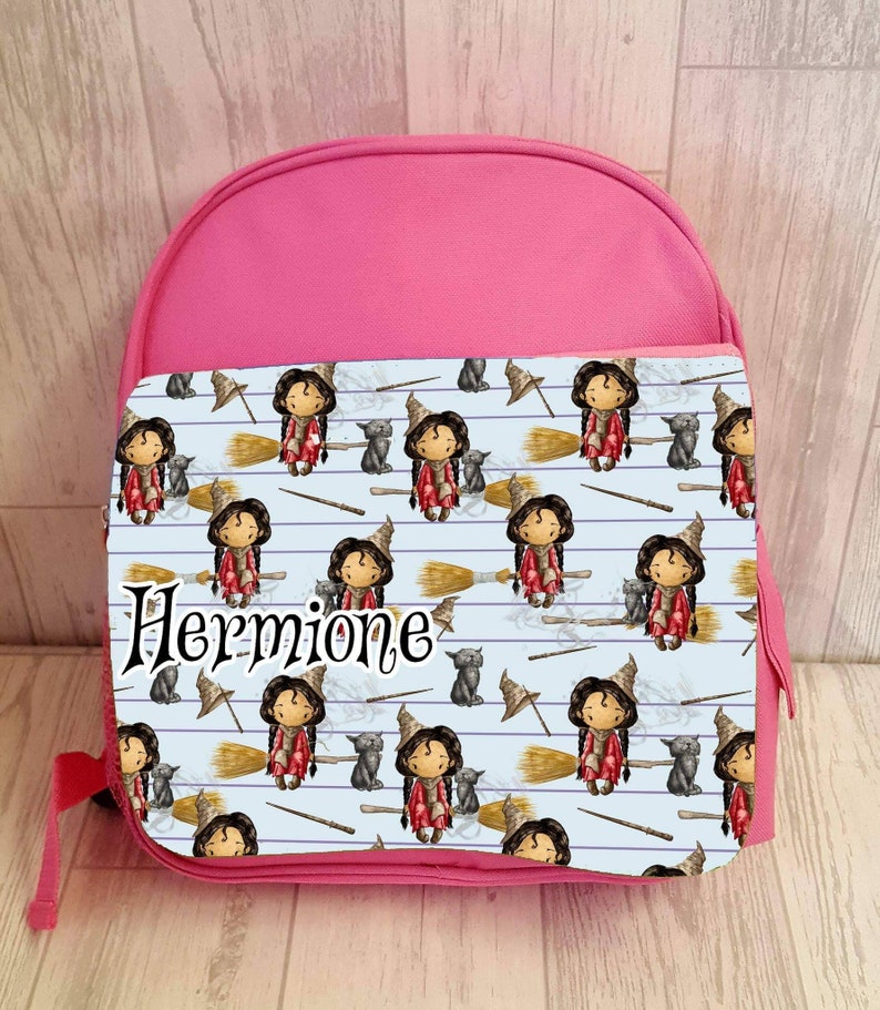 Blue or Pink Printed School Bag for girls boys days out personalized cute design with name and girl wizard design