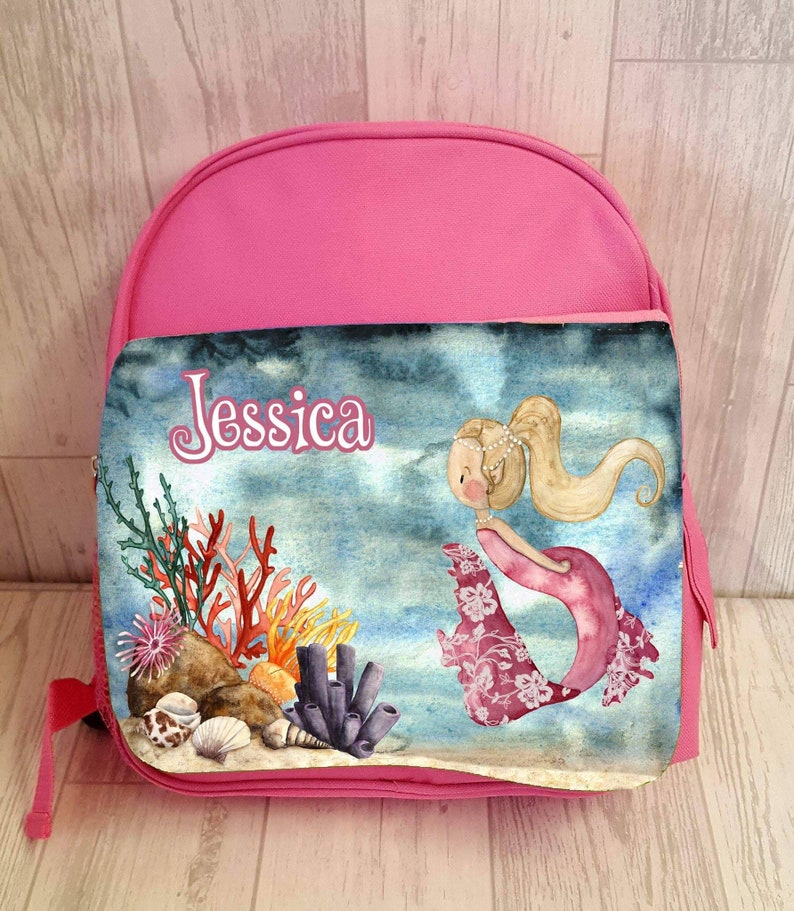 Blue or Pink Printed School Bag for girls boys days out personalized cute design with name and mermaid design