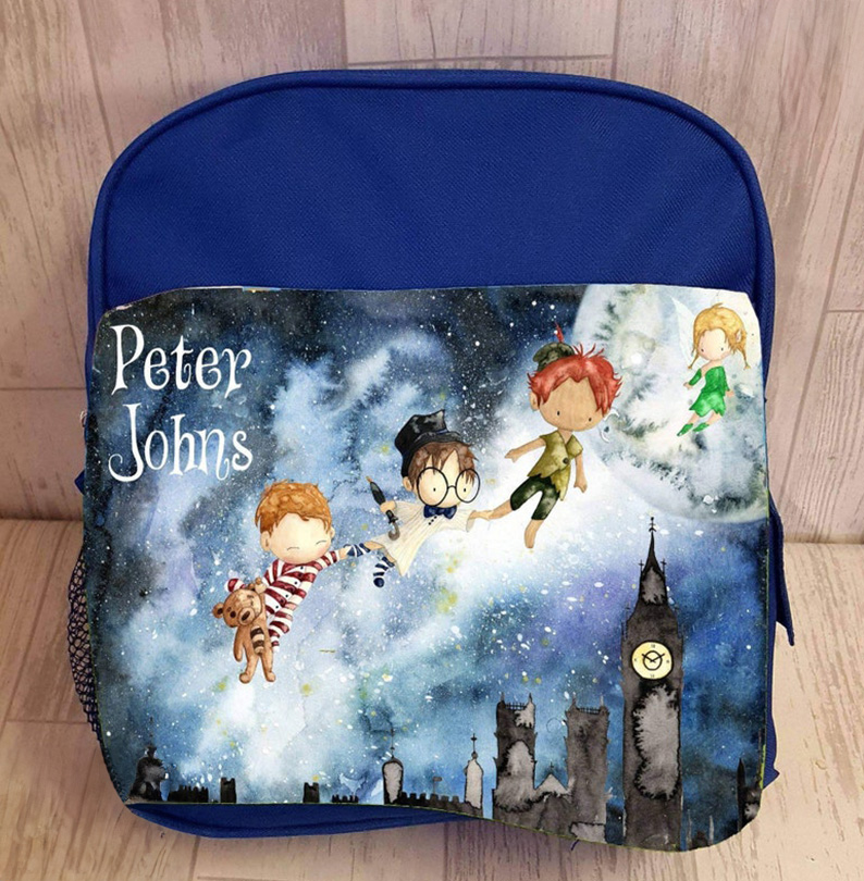 Blue or Pink Printed School Bag for girls boys days out personalized cute design with name and peter pan disney design