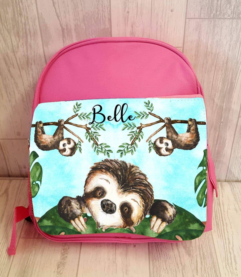 Blue or Pink Printed School Bag for girls boys days out personalized cute design with name and sloth design