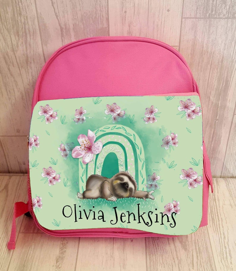 Blue or Pink Printed School Bag for girls boys days out personalized cute design with name and sloth