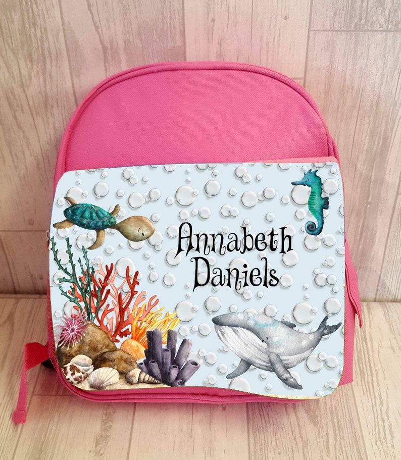 Blue or Pink Printed School Bag for girls boys days out personalized cute design with name and under the sea design