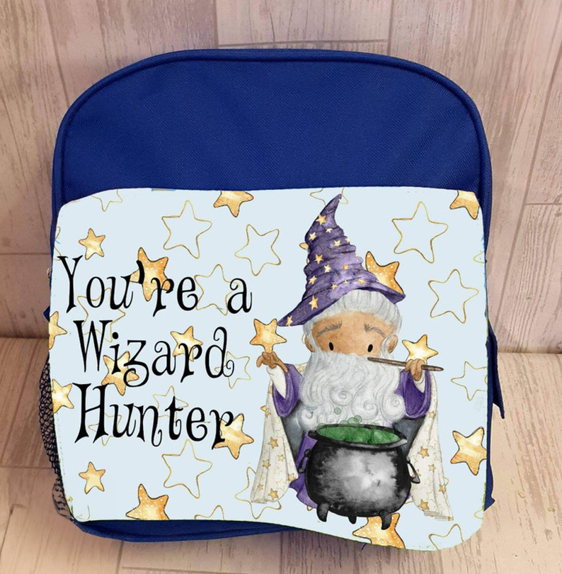 Blue or Pink Printed School Bag for girls boys days out personalized cute design with name and wizard design