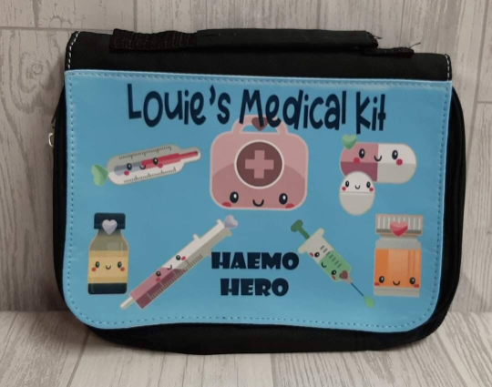 Children's Medicine Bag printed with colourful fun designs, features carry handle and hanging hook, personalised with name and any medical information, can add photos.medical equipment