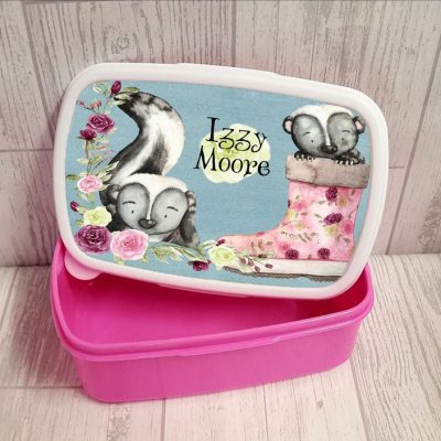 Pink Hard Lunch Tub for Girls School Lunch Box Persoanlised with Name and Cute Skunk