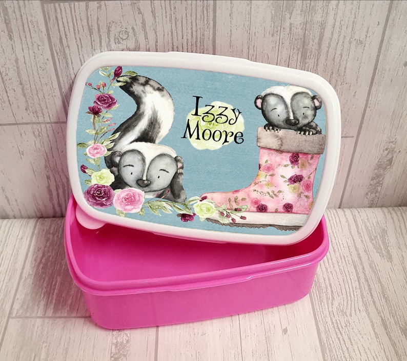 Pink Hard Lunch Tub for Girls School Lunch Box Persoanlised with Name and Cute Skunk
