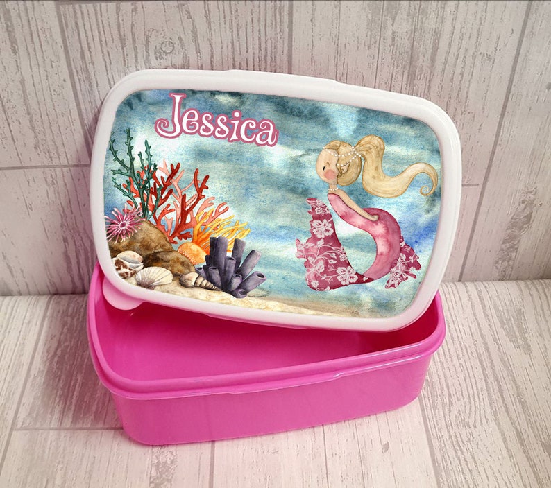 Pink Hard Lunch Tub for Girls School Lunch Box Persoanlised with Name and Cute mermaid