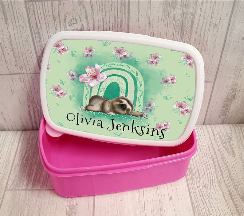 Pink Hard Lunch Tub for Girls School Lunch Box Persoanlised with Name and Cute sloth