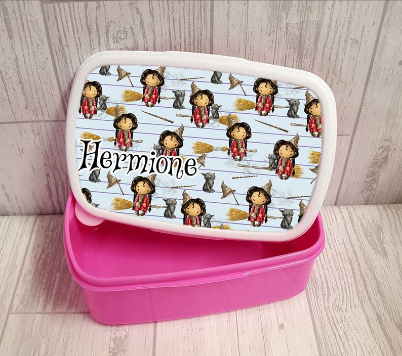 Pink Hard Lunch Tub for Girls School Lunch Box Persoanlised with Name and Cute wizard girl
