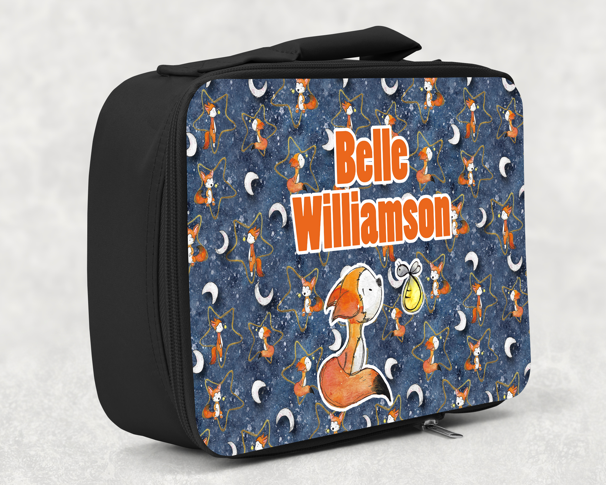 children's insulated lunch bag with bright colourful personalised printed design in bright orange fox and night theme
