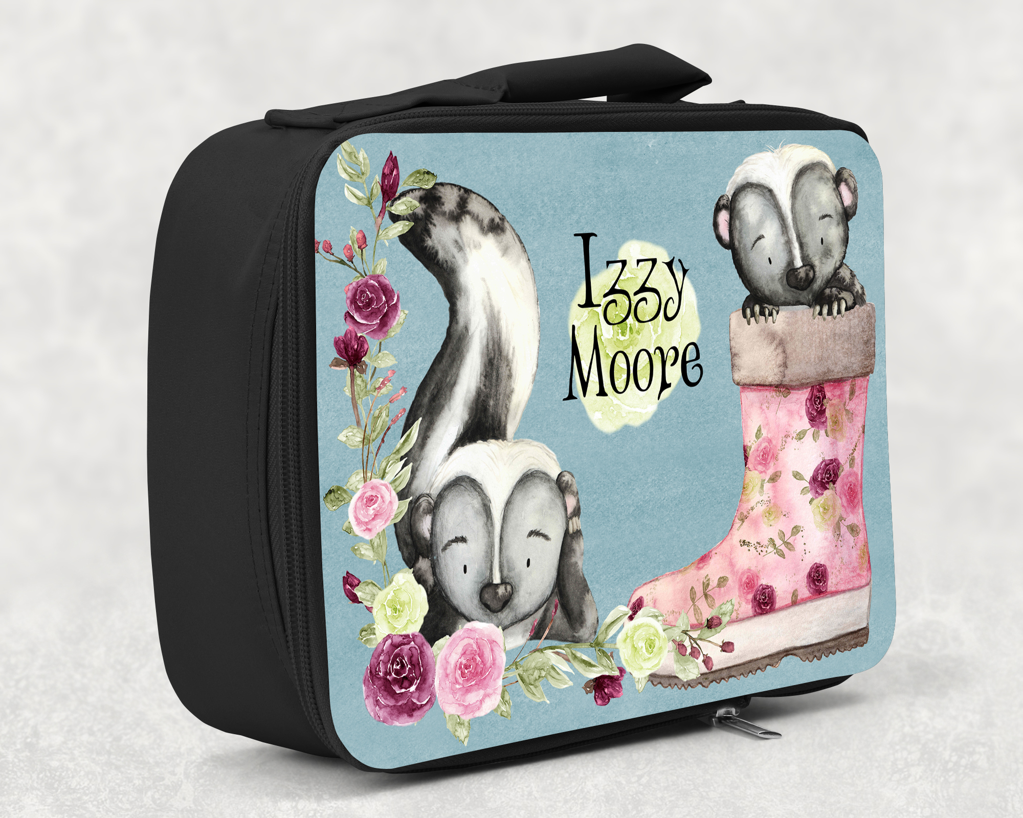children's insulated lunch bag with bright colourful personalised printed design in cute girl skunk theme with flowers