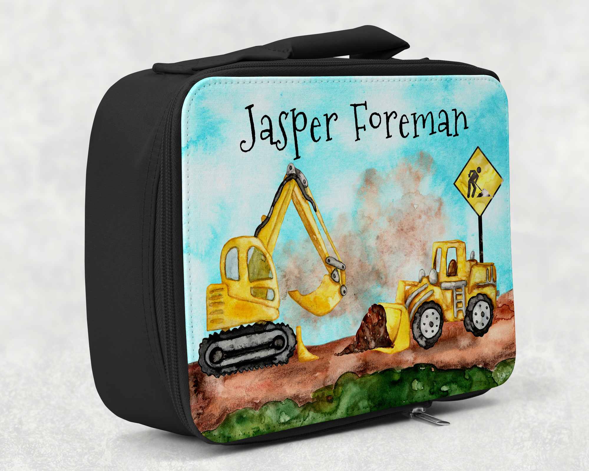 children's insulated lunch bag with bright colourful personalised printed design in digger construction theme
