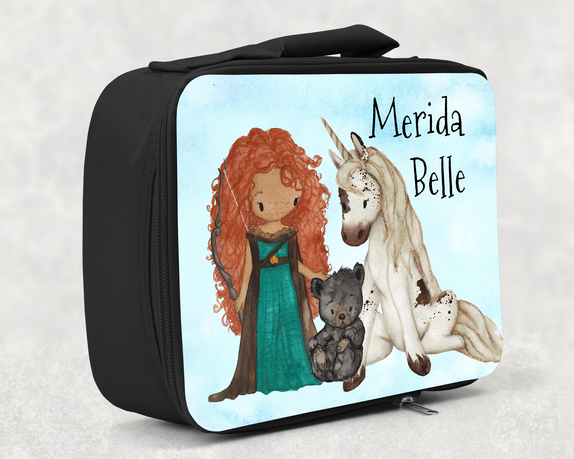 children's insulated lunch bag with bright colourful personalised printed design in disney brave merida unicorn theme