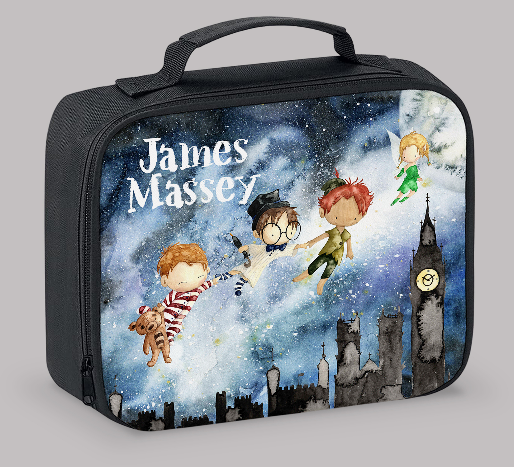 children's insulated lunch bag with bright colourful personalised printed design in disney peter pan and tinkerbel theme