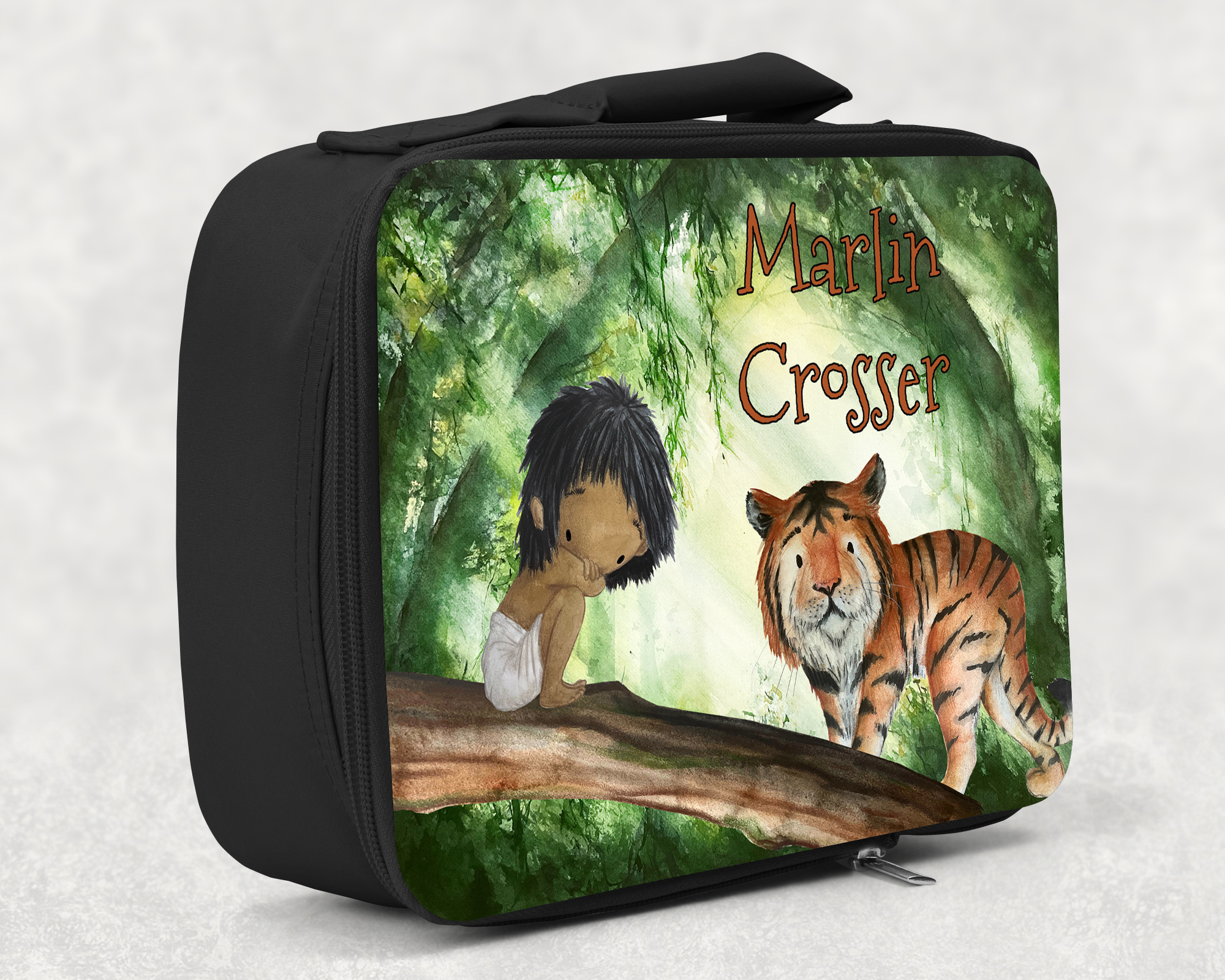 children's insulated lunch bag with bright colourful personalised printed design in disneys jungle book theme with tiger