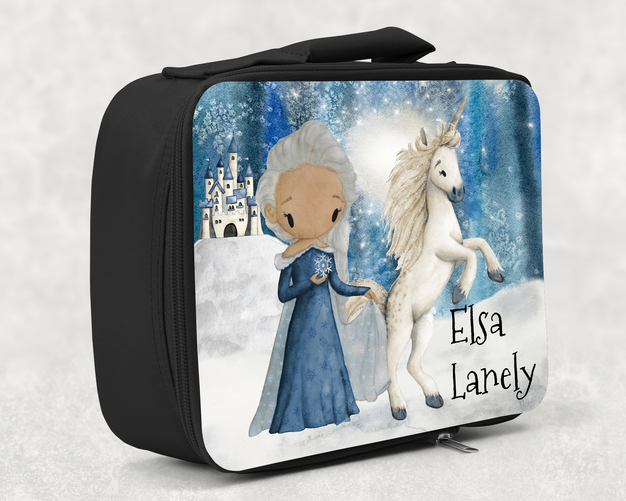 children's insulated lunch bag with bright colourful personalised printed design in frozen elsa snow queen theme