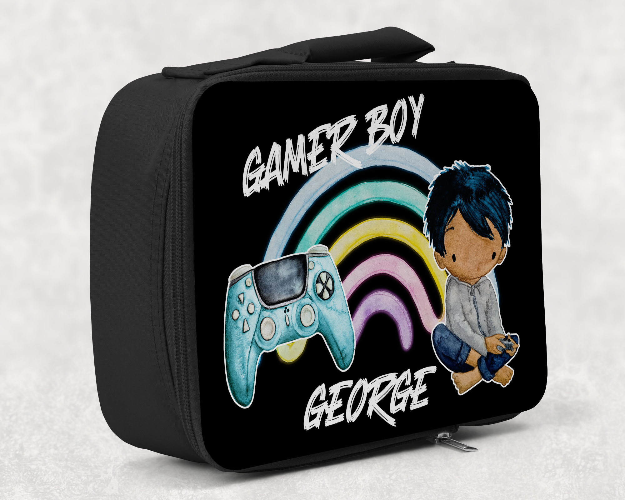 children's insulated lunch bag with bright colourful personalised printed design in gamer boy theme