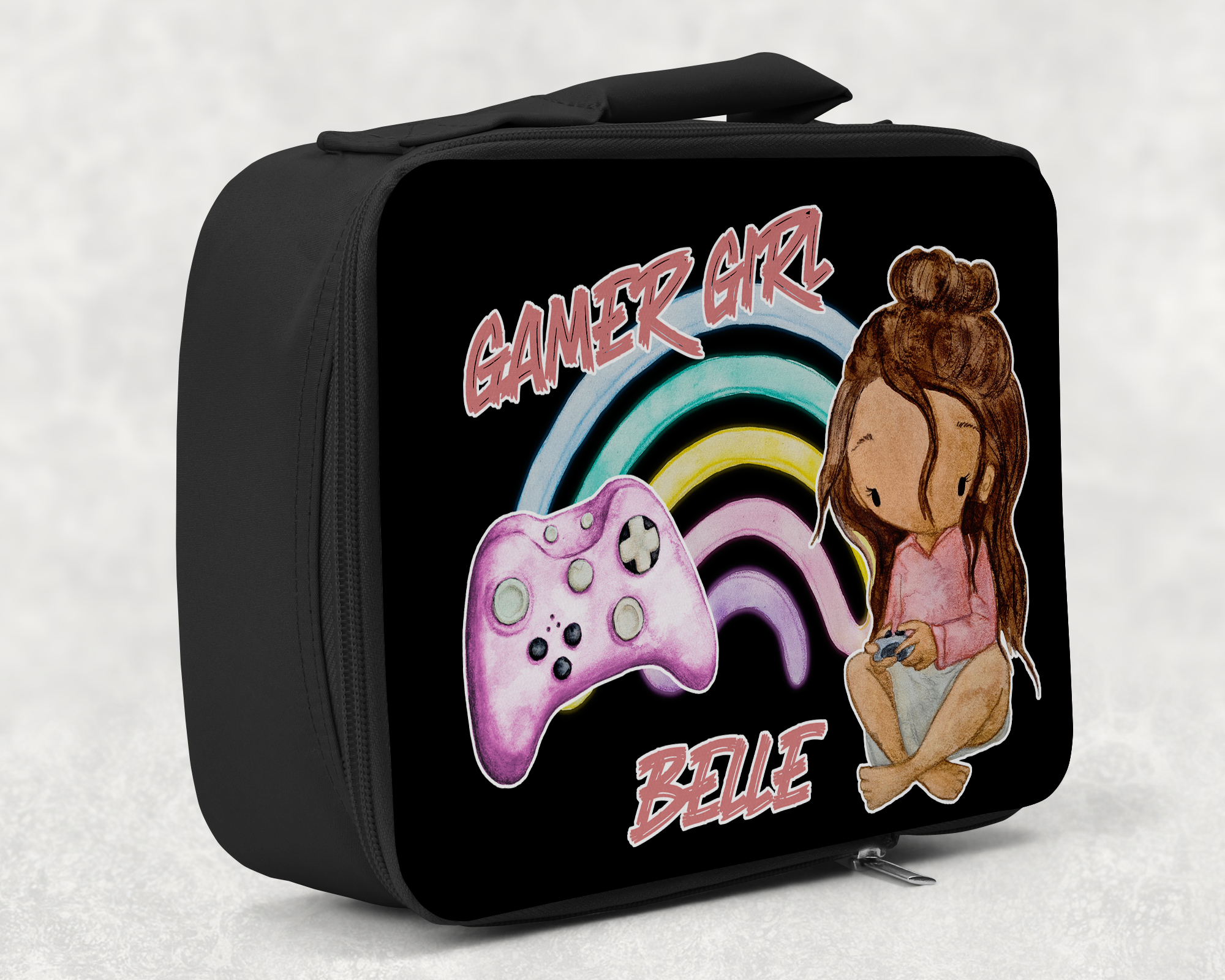 children's insulated lunch bag with bright colourful personalised printed design in gamer girl theme