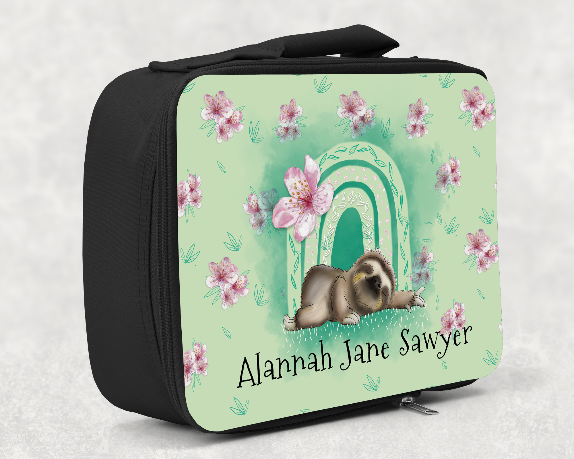 children's insulated lunch bag with bright colourful personalised printed design in green girls rainbow sloth cute theme