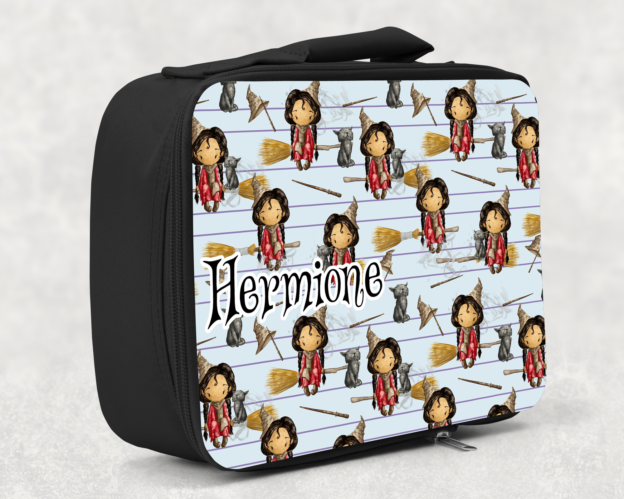 children's insulated lunch bag with bright colourful personalised printed design in harry potter witches design