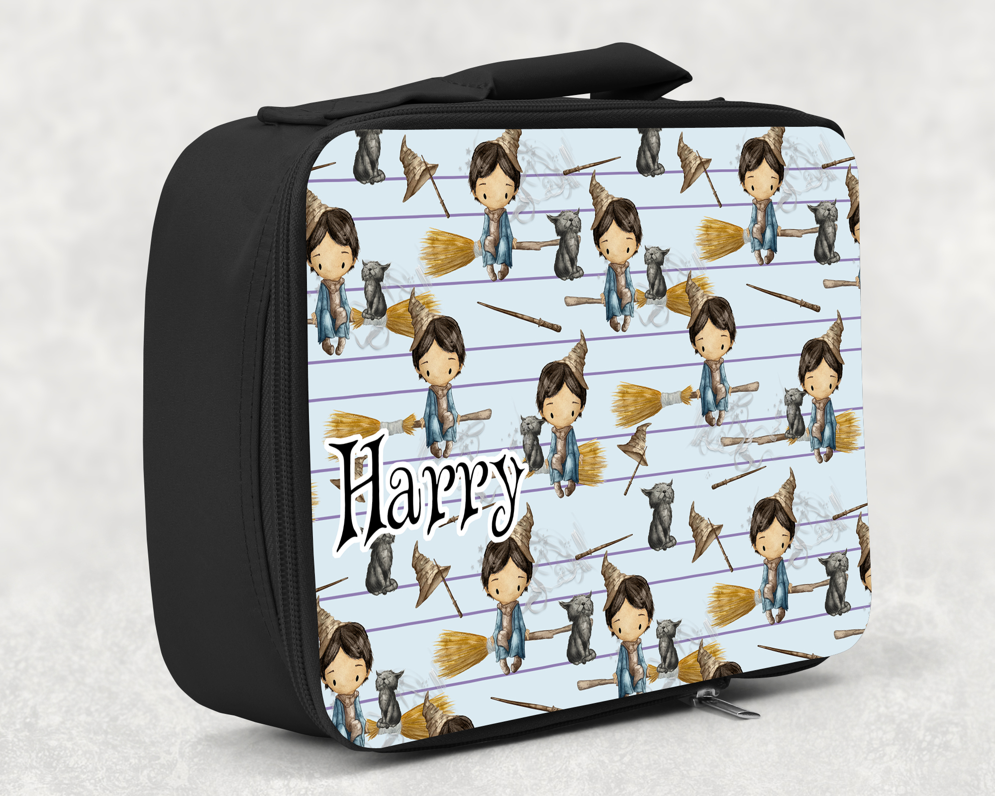 children's insulated lunch bag with bright colourful personalised printed design in harry potter wizard magic theme