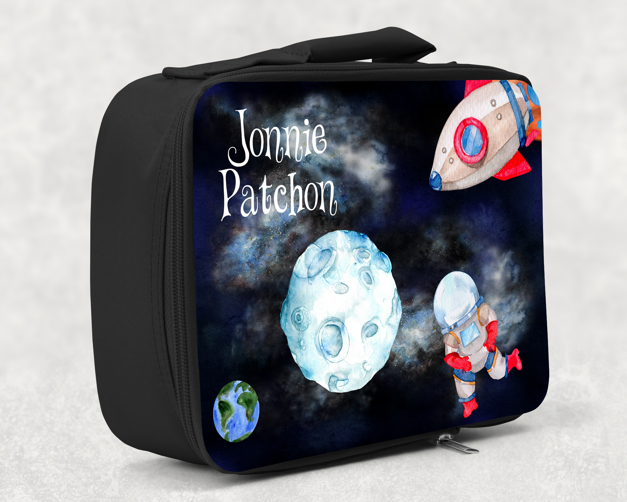 children's insulated lunch bag with bright colourful personalised printed design in out of space, galaxy theme