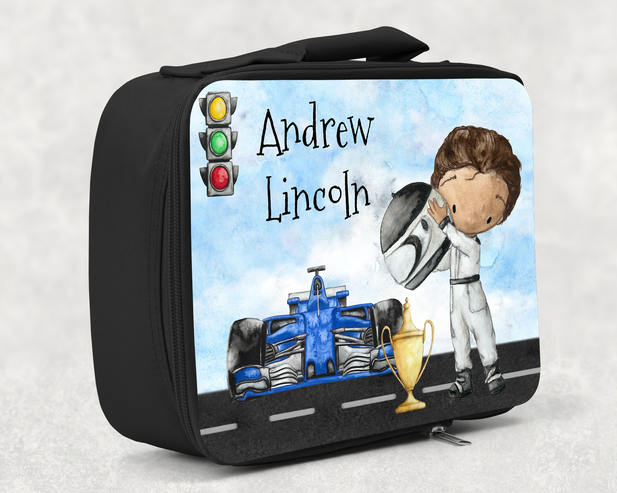 children's insulated lunch bag with bright colourful personalised printed design in racing car theme