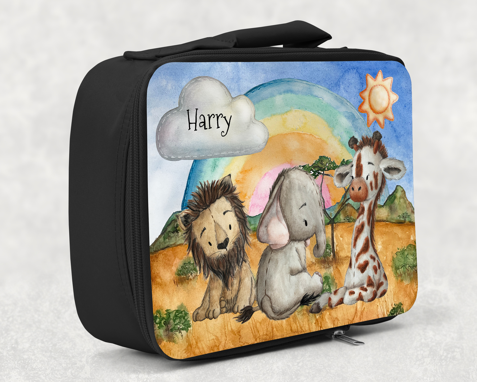 children's insulated lunch bag with bright colourful personalised printed design in safari, theme with elephant, lion and giraffe. so cute
