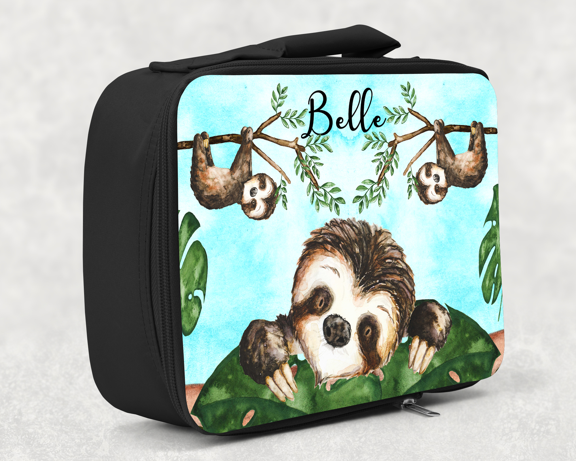 children's insulated lunch bag with bright colourful personalised printed design in sloth theme