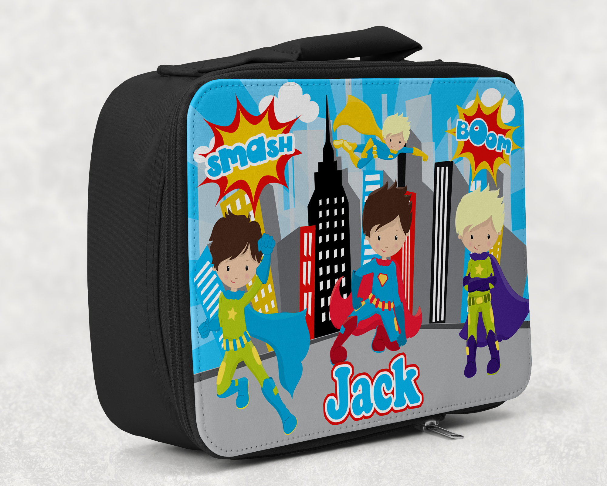 children's insulated lunch bag with bright colourful personalised printed design in superman super hero design