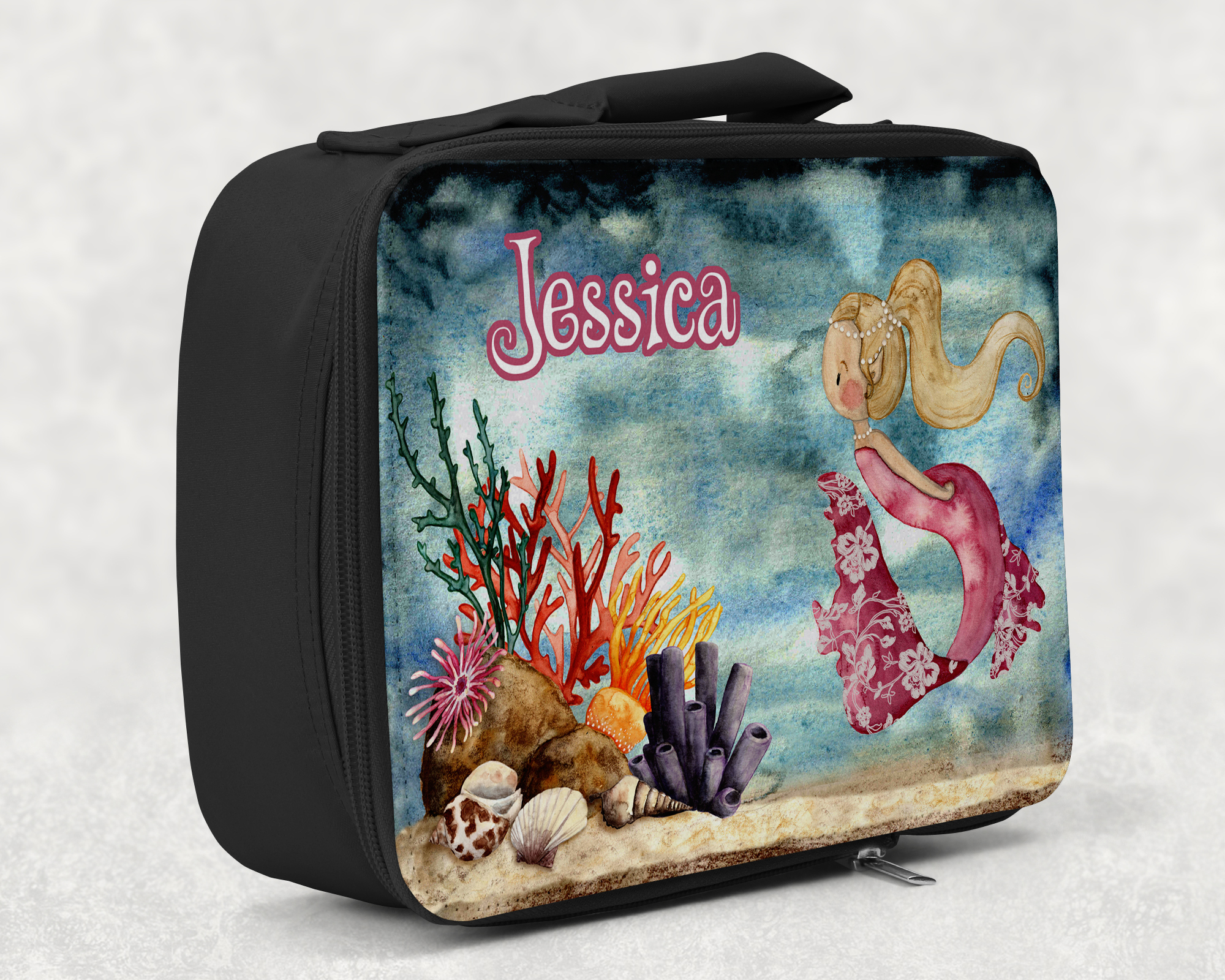 children's insulated lunch bag with bright colourful personalised printed design in under the sea mermaid theme
