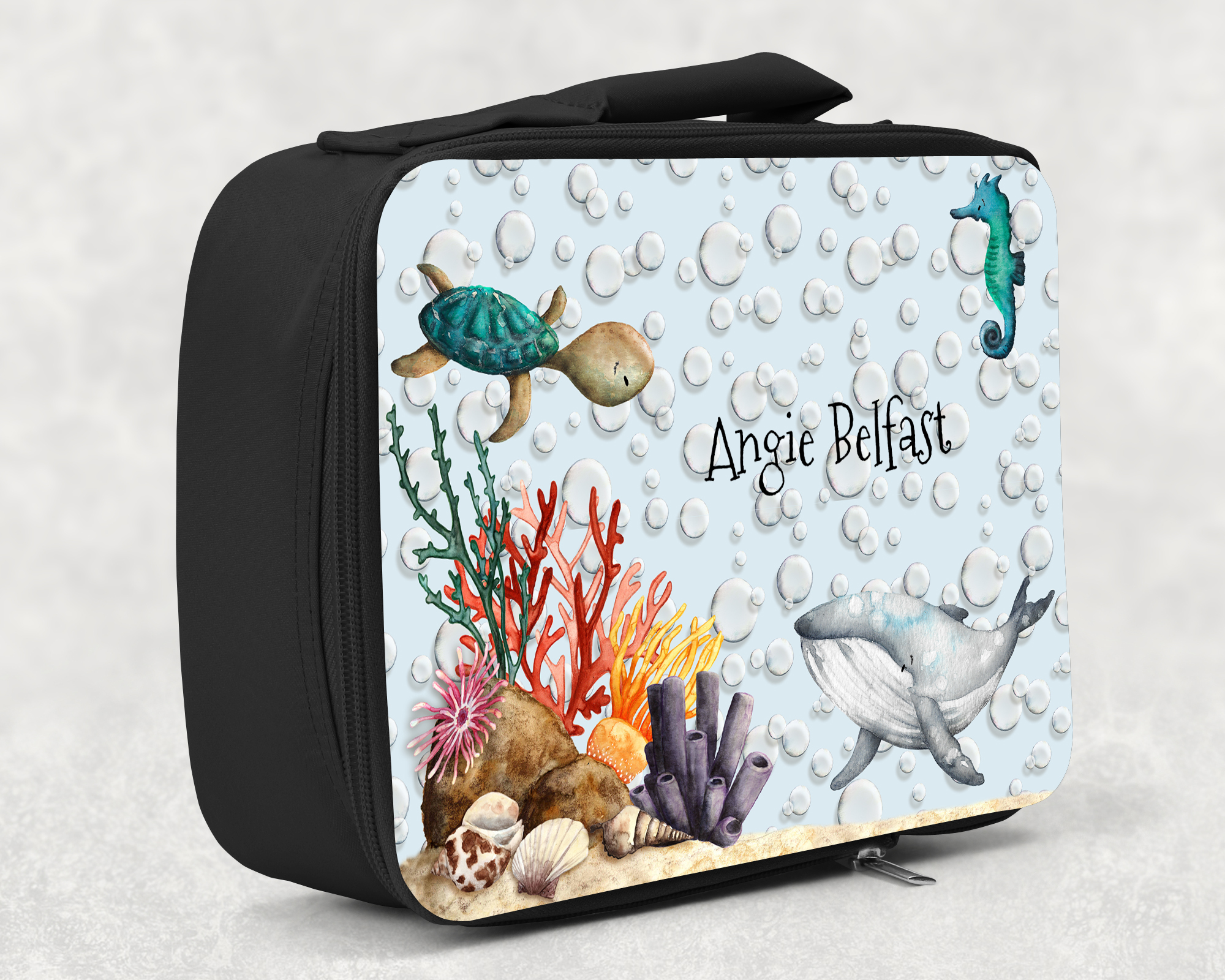 children's insulated lunch bag with bright colourful personalised printed design in under the sea turtle and fish theme