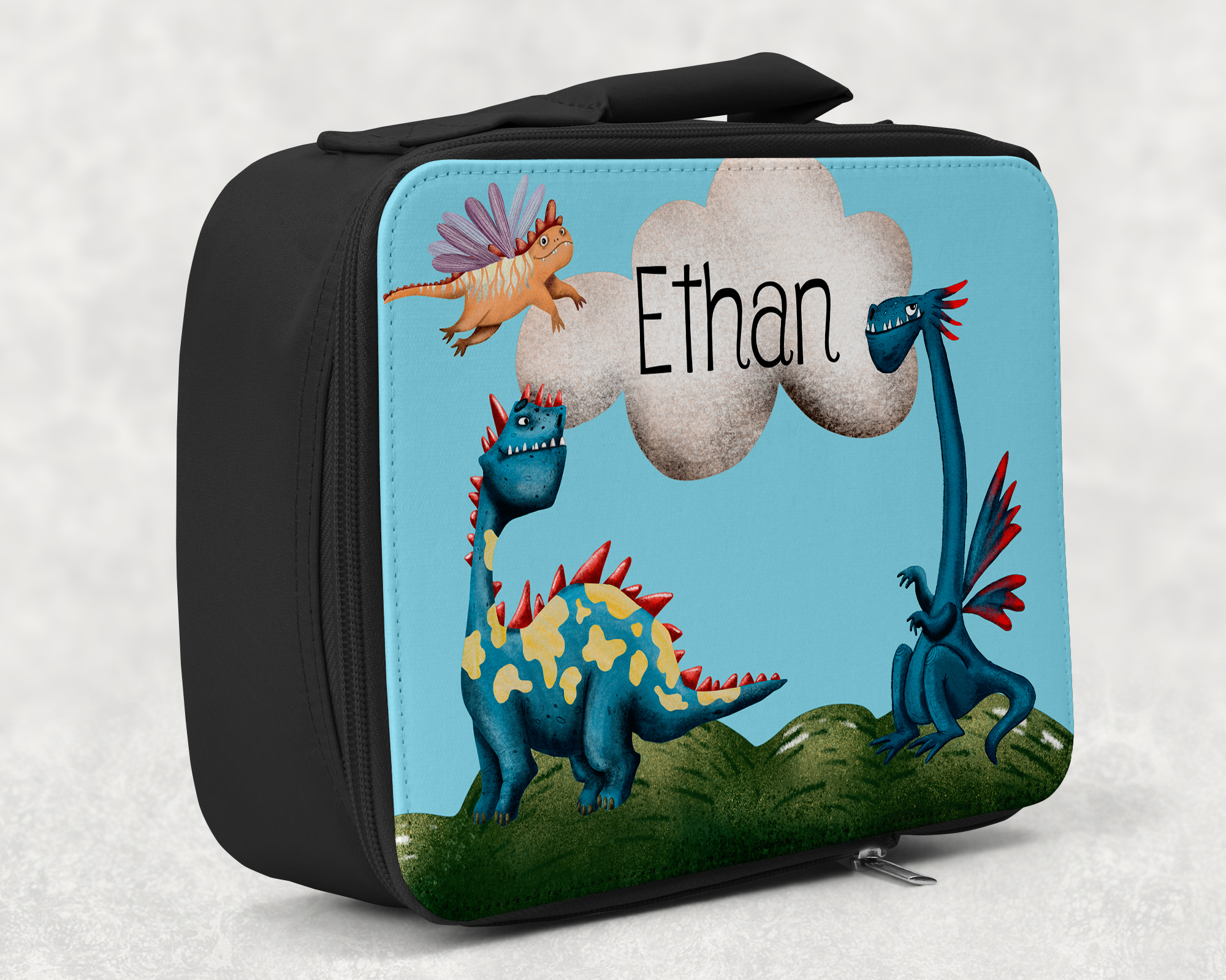 children's insulated lunch bag with bright colourful personalised printed design in watercolour dragon theme