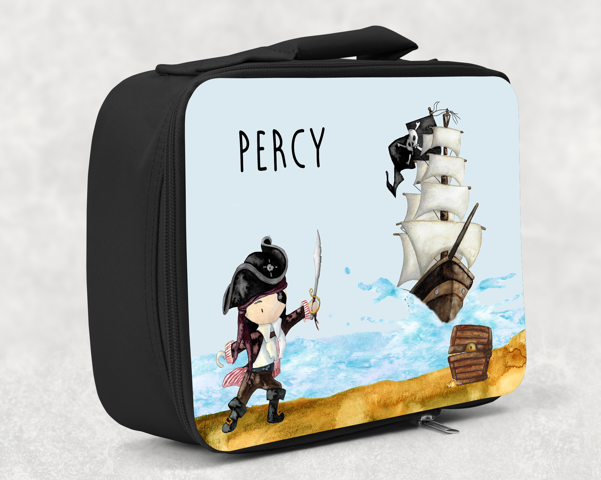 children's insulated lunch bag with bright colourful personalised printed design in watercolour pirates theme ship included