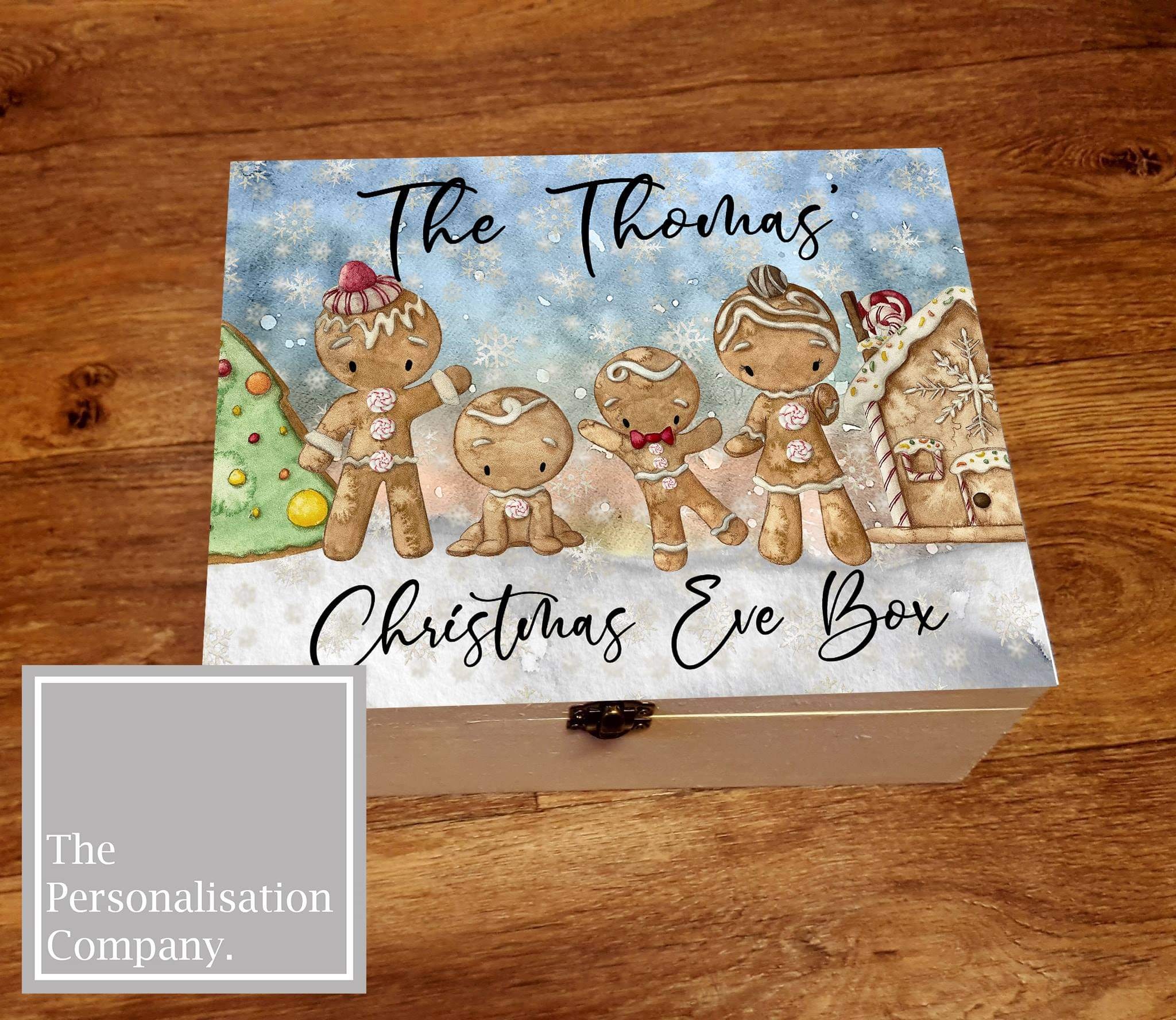 wooden christmas eve box, great for children or families especially first christmas. a luxury box with cute printed ginger bread family