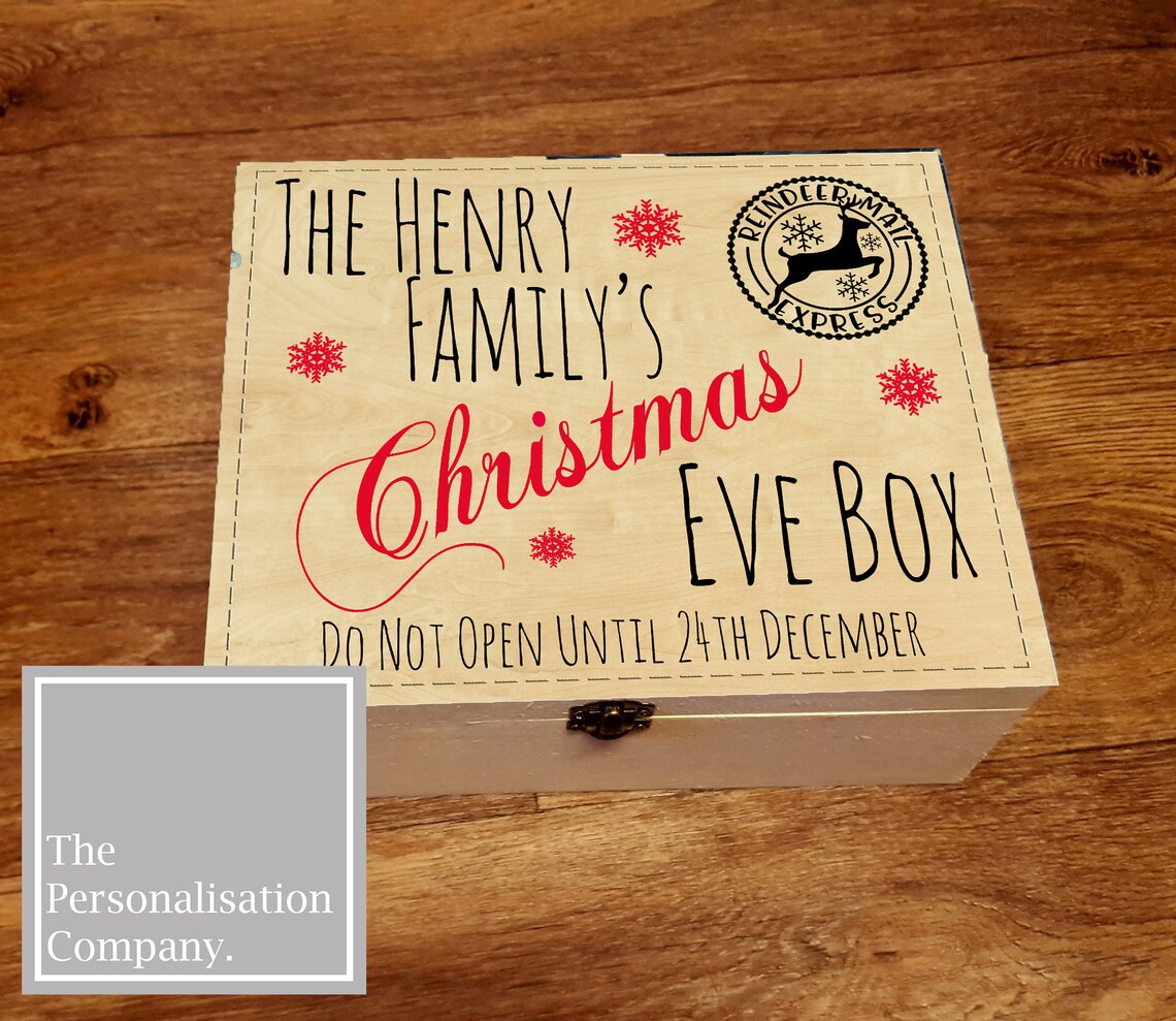 wooden christmas eve box, great for children or families especially first christmas. a luxury box with cute printed natural traditional box