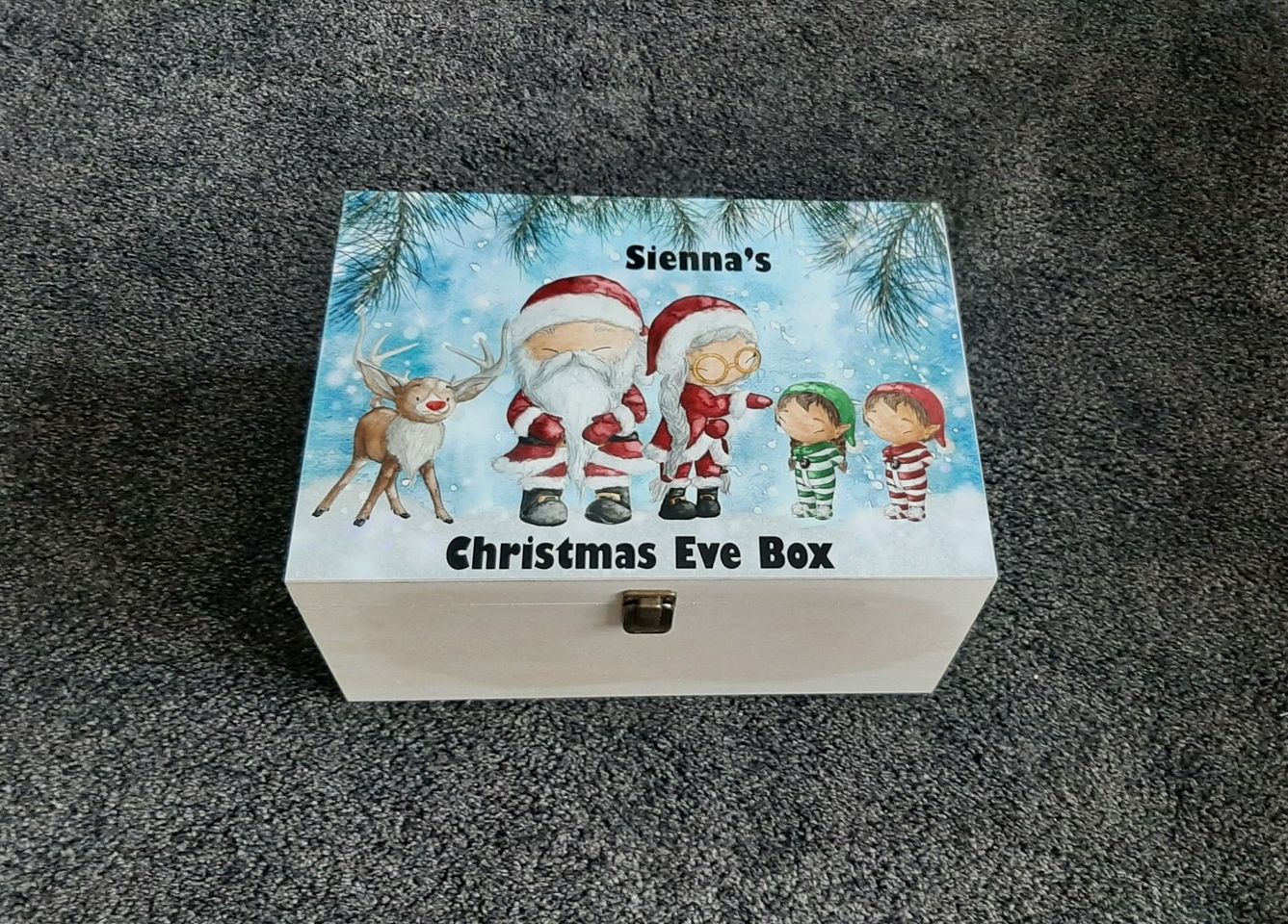 wooden christmas eve box, great for children or families especially first christmas. a luxury box with cute printed santa scene and elf family