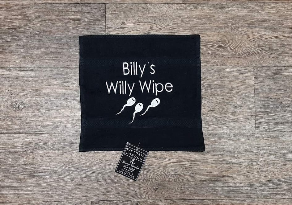 Willy Wipe, This image shows a personalised gift for him,. This image is a black cloth with printed text in white. Displayed on the www.the-personalisation-company.co.uk website. Personalised gifts for him.