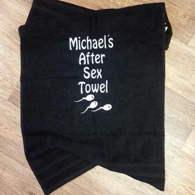 After Sex Embroidered Towel in black with white embroidered personalised name with sperm