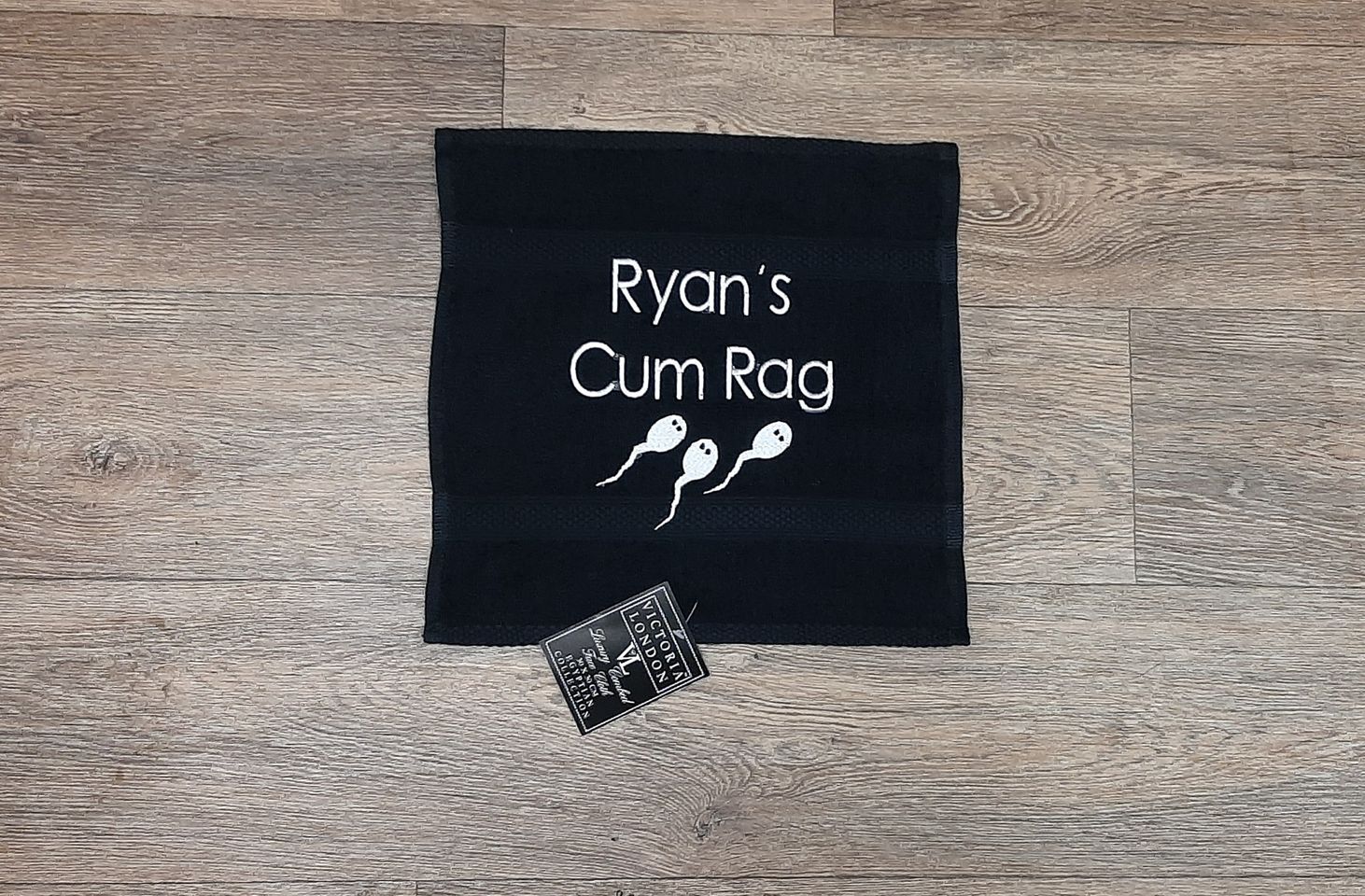Cum Rag Willy Wipe Personalised Flannel black cum rag flannel with white embroidered personalised name with sperm