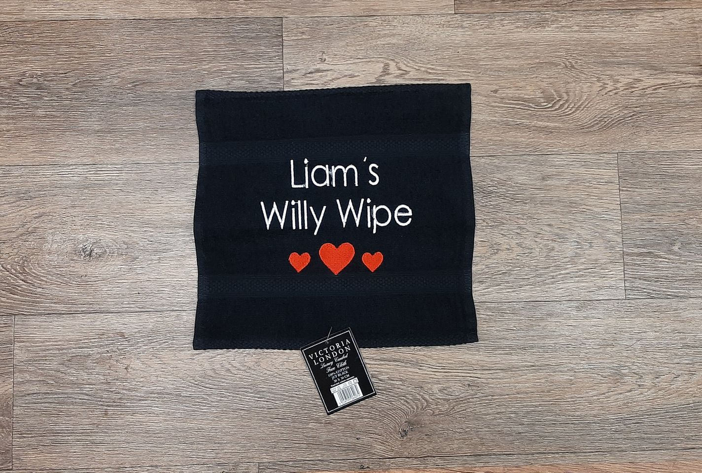 Cum Rag Willy Wipe Personalised Flannel black flannel willy wipe with embroidered red hearts and personalised with name