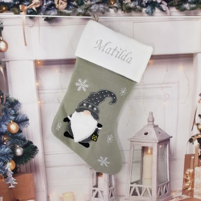 grey luxury stocking with embroidered personalised name with gonk gnome