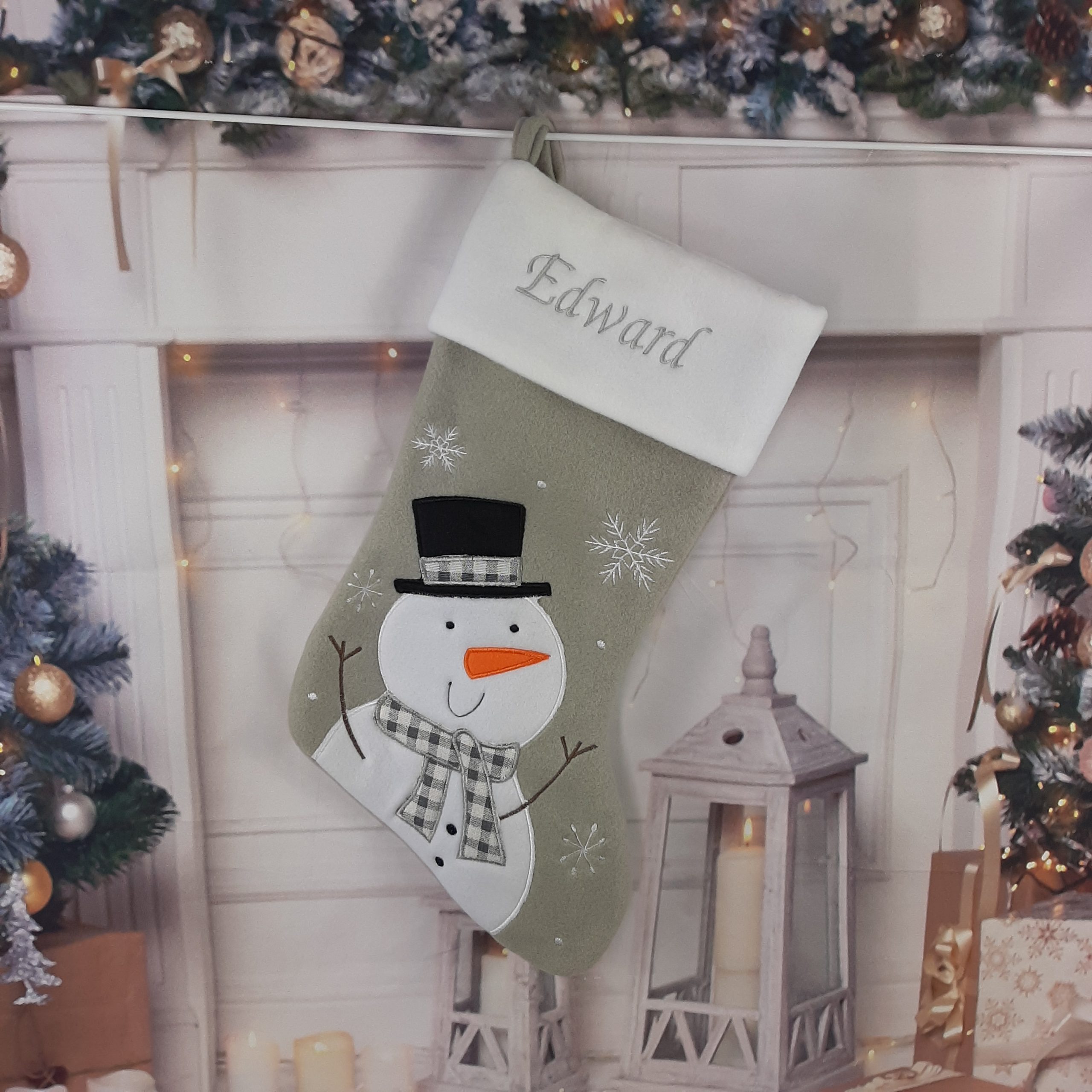 grey luxury stocking with embroidered personalised name with snowman