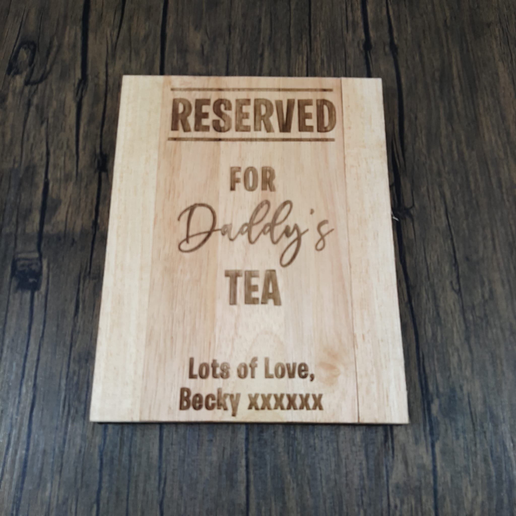 Wooden sofa arm tray with laser engraved personalisation featuring reserved for beer or tea, great gift for him or gift for her with custom personal message